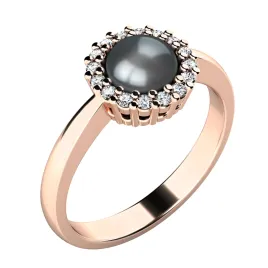 Dámský prsten růžové zlato 585/1000 přírodní diamant 0.080 ct černá perla 10928-CV-FW-Black